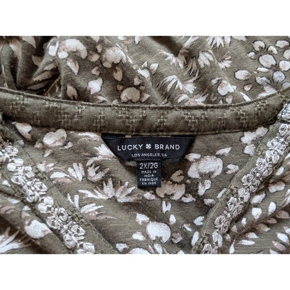 Lucky Brand Olive Floral Long Sleeve Tunic Top 2X Boho Embroidered Neckline - Picture 4 of 6